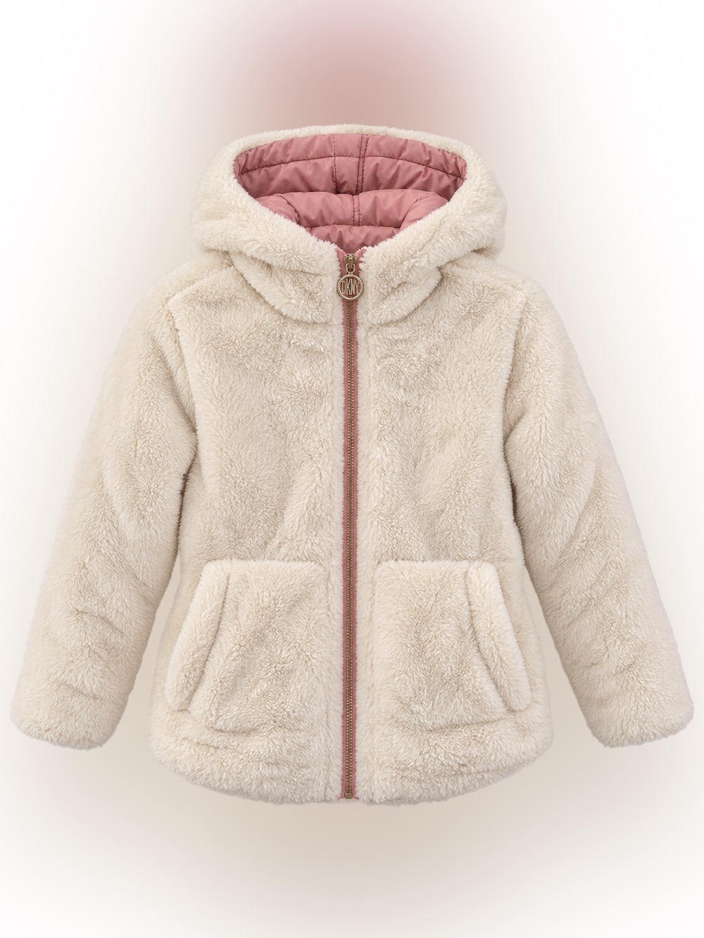 DKNY Girls 10/12 Reversible Pink Puffer Ivory Faux Fur Hooded Jacket - Picture 5 of 8